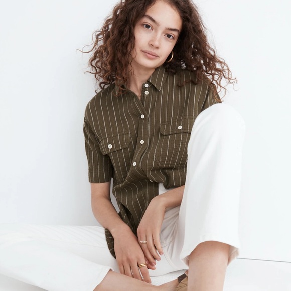 Madewell Tops - Madewell Lightspun Short-Sleeve Flap-Pocket Shirt in Stripe in kale